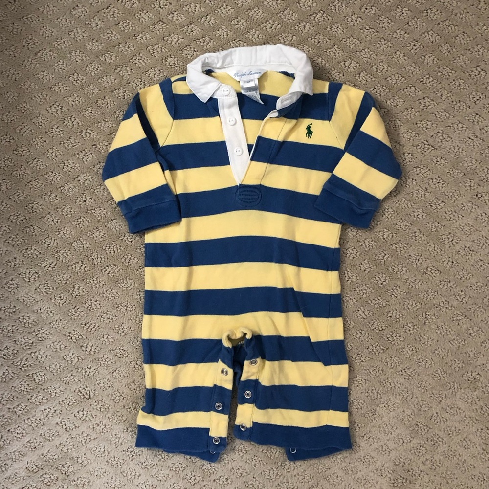 Ralph Lauren Kid Boys Yellow & Blue Striped Long Sleeve Romper Size 6 Months